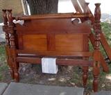 ~ C/1840 American Cherry rope bed converted w/pineapple turned posts and carvings, includes hardware and bed wrench
