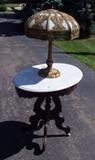~ Oval 1880 Victorian Walnut marble top Parlor lamp table ~ C/1920 bent panel table lamp, Very Ornate Metalwork, 3 color Carmel slag glass shade w/original base