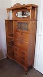 C/1890's Oak Bookcase/Secretary w/beveled mirror, leaded door and curved glass (Curved Glass Door was Removed for Transport before Photo was Taken)