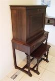 ~ C/1920 Walnut Fall front desk w/drawer and Trestle base and matching bench