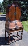 ~ C/1920 signed Berkey & Gay Spanish Walnut blind bookcase/Secretary w/overlaid heavy metal trim, floral carved crest