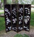 ~ C/1960's-4 panel Chinese dressing screen w/carved Mother of Pearl floral and bird figures