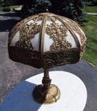 ~ C/1920 bent panel table lamp, Very Ornate Metalwork, 3 color Carmel slag glass shade w/original base