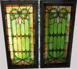 ~ Pair of C/1900 hand leaded stained glass windows, 24x54", w/frame 28x59"