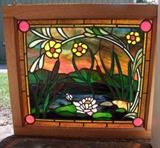 C/1960 Leaded scenic stained glass window w/cattails and sunset