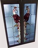 C/1960's pair of hand leaded stained glass windows w/Peacocks and jewels, 20x55" panels, each