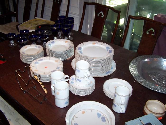 ASIAN DINING TABLE & CHAIRS, DANSK DINNERWARE, MORGANTOWN CABALT GLASSWARE