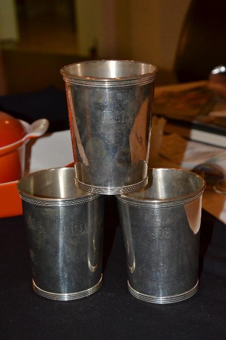 Sterling Silver Mint Julep Cups with a name etched on each "Opal, Willie & Joe" (marked)