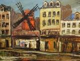 Large inscribed Paris Moulin Rouge painting signed illegible illegible illeg. signature vintage California gallery frame label.