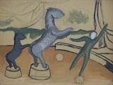 Early example by the artist Art Deco Circus gouache painting by WPA artist Stewart Wheeler