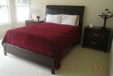 QUEEN SIZE BED, LEATHER & WOOD HEADBOARD