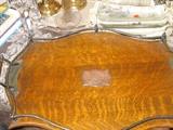 Beautiful gallery tray with silver plate railing , bun feet and presentation inscription in center