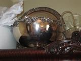 Silver plate punch bowl, tray and cups