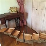 Antique singer machine in cabinet with pedal, and ultra expadable sewing basket. 