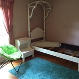 Beautiful 4 poster twin bed with canopy and wooden side rails. Matching nightstand is sweet. Mushroom chair and rug are the perfect addition to any Tweens room.  