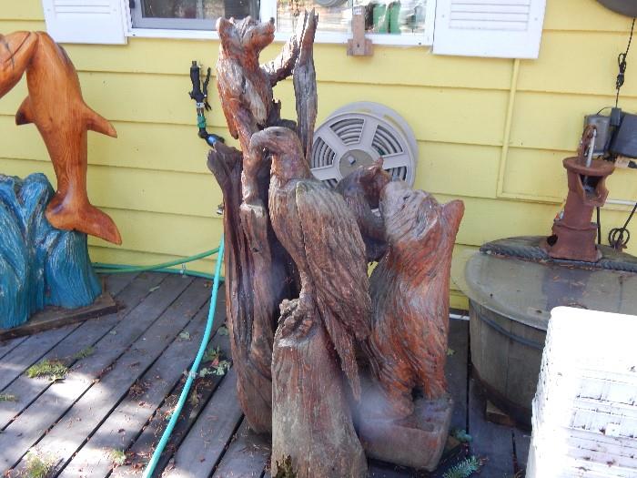 Wood Sculpture - Bears and Eagle
