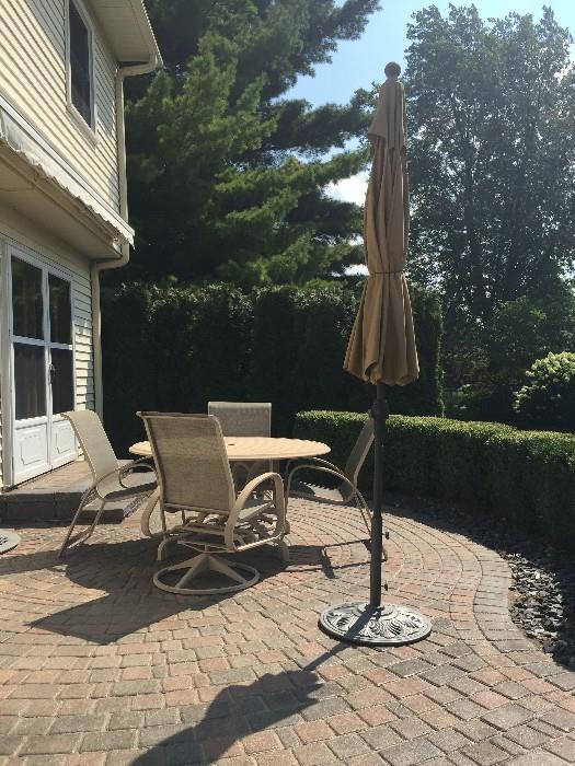 PATIO TABLE WITH CHAIRS AND UMBRELLA