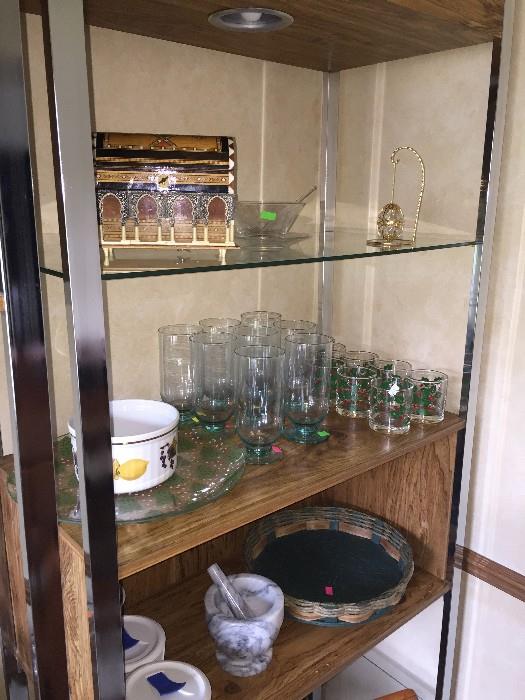 GLASSWARE / TALL LIGHTED WOOD AND GLASS DISPLAY CABINETS