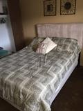 FULL SIZE MATTRESS / COMFORTER / TAN FABRIC HEADBOARD