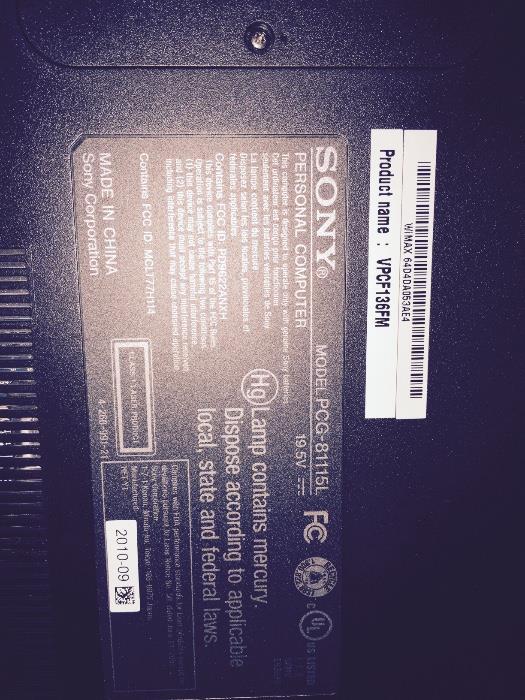 SONY VAIO 16.4" LAPTOP 6GB
MODEL VPCF136FM MICROSOFT WINDOWS 7 HOME PREMIUM