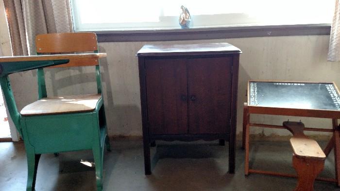 Old school desk, record cabinet and vintage childs chalk board desk