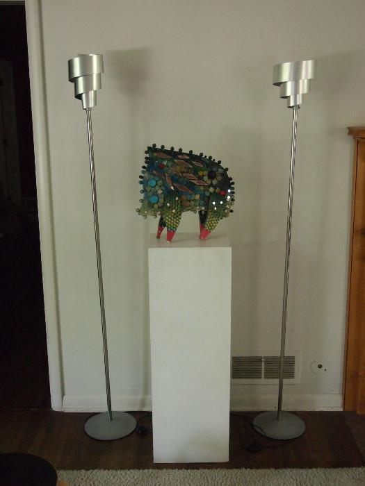 Gerome Kamrowski signed sculpture $2,250.00, Mid Mod Floor Lamps, $395.00 each