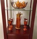 Antique Copper & Brass Tankard with Relief and 4 Copper Goblets