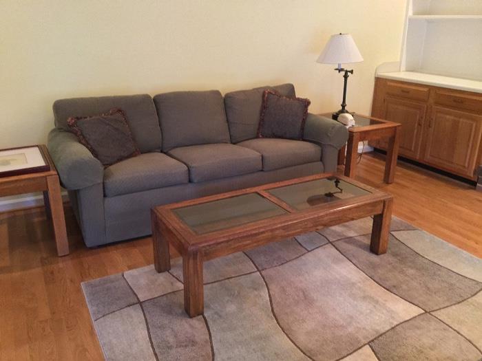 Ethan Allen Sofa, oak coffee table, oak side tables, rug