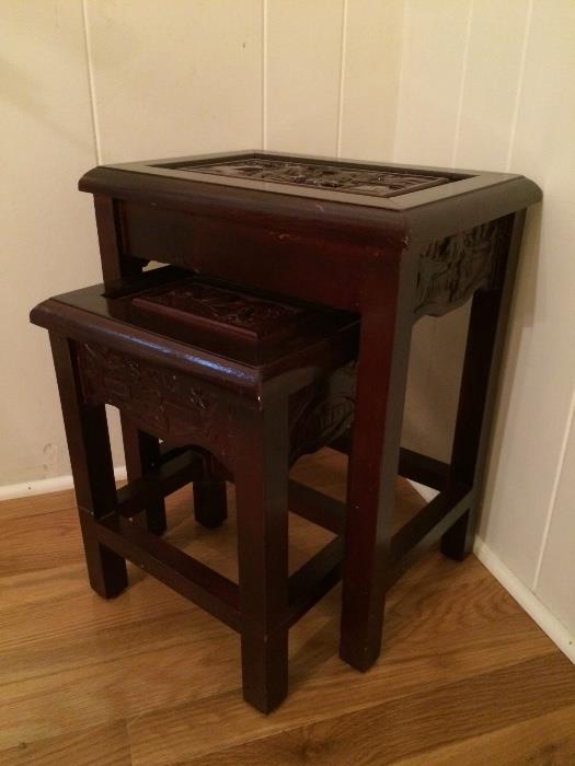 Beautiful dark cherry wood nesting tables (3 total- 1 not shown)  with ornate Asian theme carved into each table 