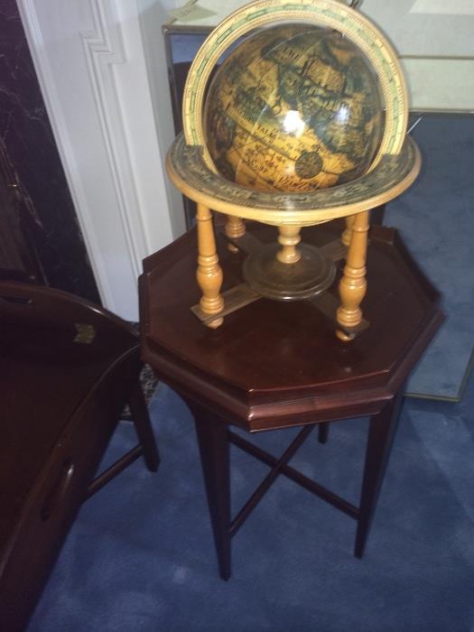 Octagon side table with stretchers and globe