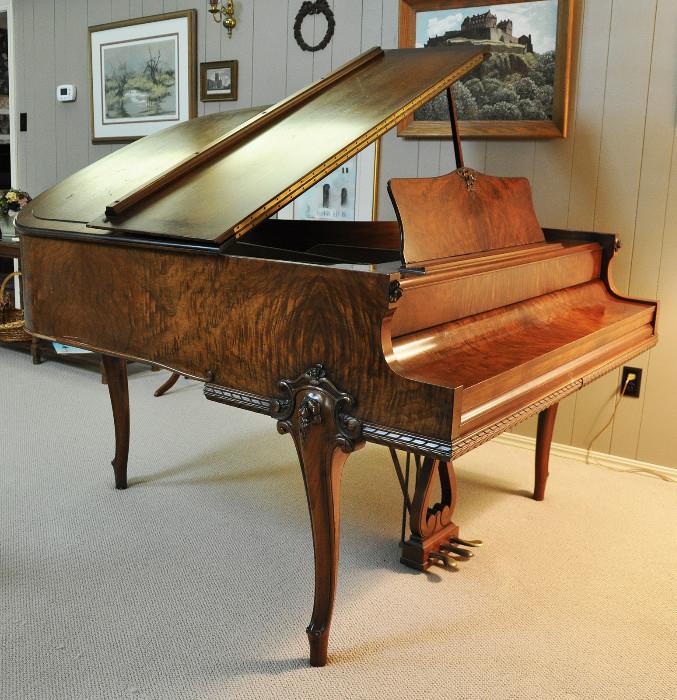 Elegant Knabe baby grand piano in the Louis XV style with carved rosebud detail on the burled walnut case.  Dr. Haragan's father purchased the piano new in 1941.  It was turned right before the sale.
