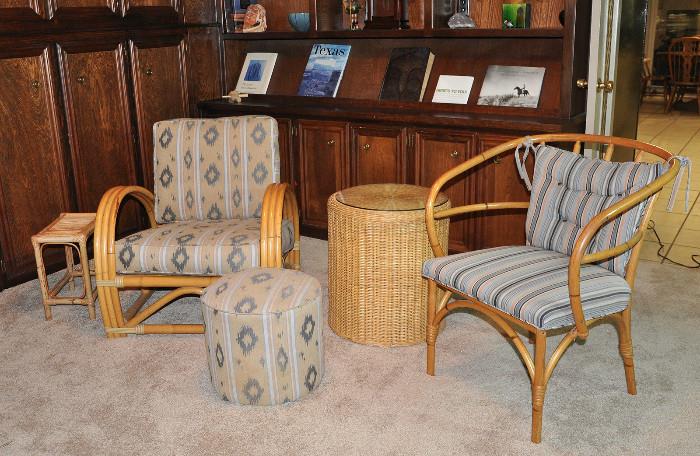 3 band stacked rattan arm chair with replaced upholstery and matching foot stool - shown with a simpler side chair and a round glass top wicker table.