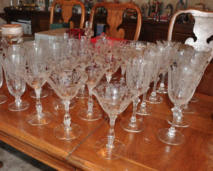 Very fine vintage etched stemware - 3 different stems plus plates and sugar bowls and creamers
