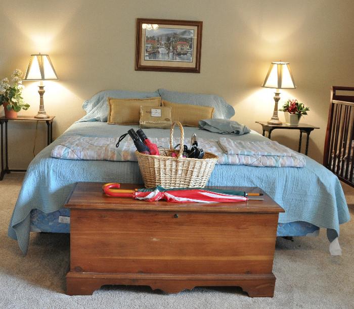 King size bed in the guest room - Lane cedar chest - one antique and one modern bedside table with a pair of very nice contemporary lamps