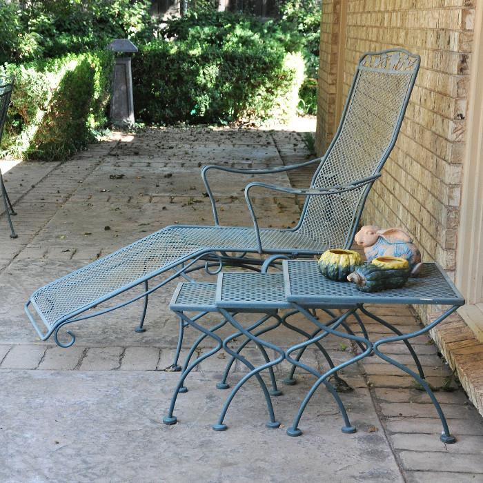 Wrought iron chaise lounge with 3 wrought iron nesting tables