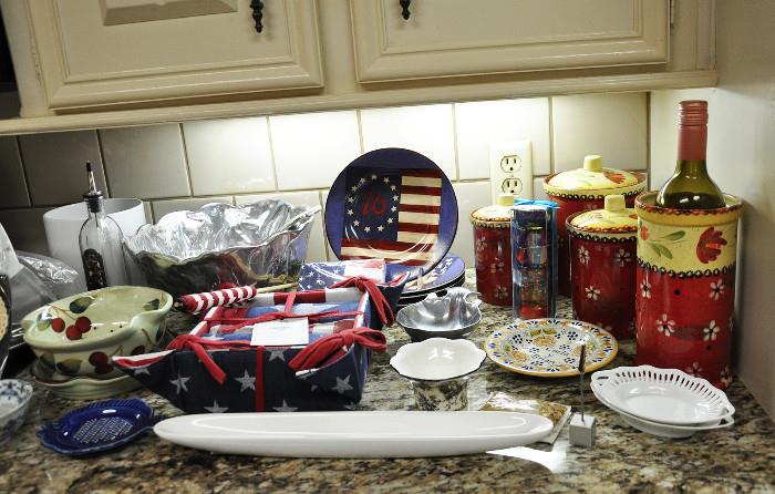 Large polished aluminum salad bowl, cheery canister and wine cooler, patriotic items, etc.