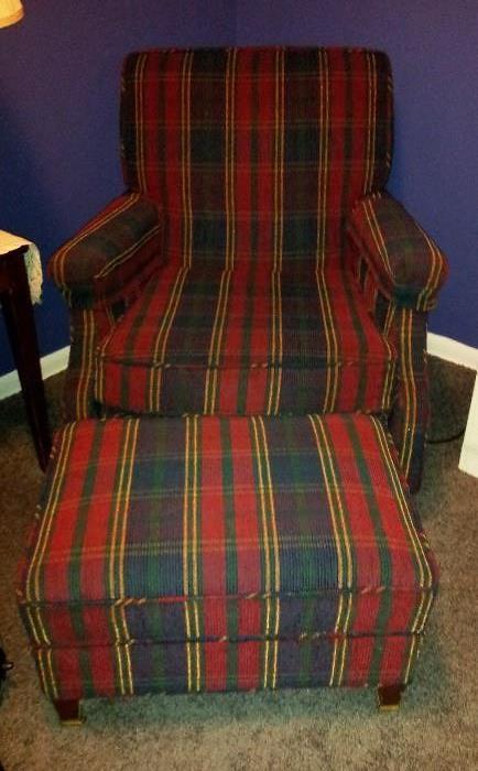 plaid chair with foot ottoman