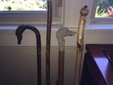 Vintage walking sticks; natural wood, dogs head, horse head and others
