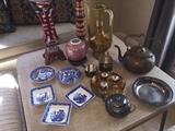 Assorted ceramic plates, vases, candle holders, silver stacking sugar and creamer, tea pot, baby plate, Brass teapot and liquor set
