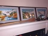 Four framed silk embroidery art pieces. Lovely moutain and village scenes