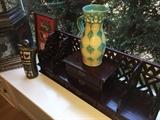 Ceramic vases, carved wood desk set, framed needlepoint artwork