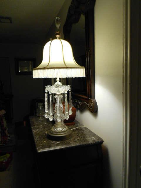 ANTIQUE LAMP WITH HEAY CRYSTALS....THE REAL THING AND A DIFFERENT LAMPSHADE WILL BRING FORTH ALL OF THIS LAMPS GLORY AND BEAUTY!!!! $300  AND IT IS A STEAL