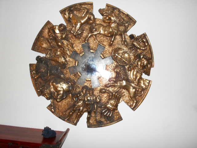 LARGE DESIGNER ASTROMONY MIRROR  SIGNS OF THE ZODIAC ARE CARVED AROUND THE MIRROR  EXCITING PIECE AND UNIQUE IN THAT THERE ARE NOT THAT  MANY....ARTIST DID NOT SIGN BUT IN A SHOWING 20 YEARS AGO   VINTAGE AT ITS BEST  $275.00   HAVING SEEN ON EBAY FOR OVER 500