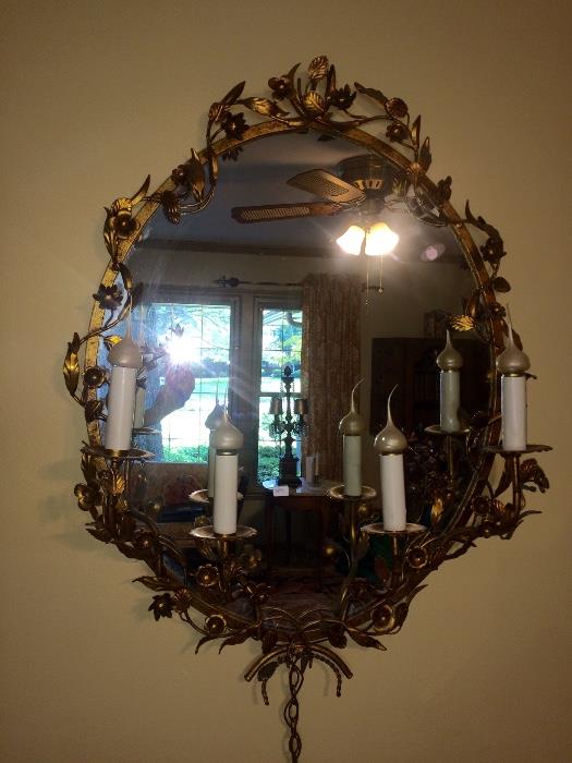 MADE IN ITALY VINTAGE TOLEWARE BRASS/BRONZE LIGHTED MIRROR