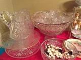 Cut glass, pressed glass, punch bowl & cups, cake plate