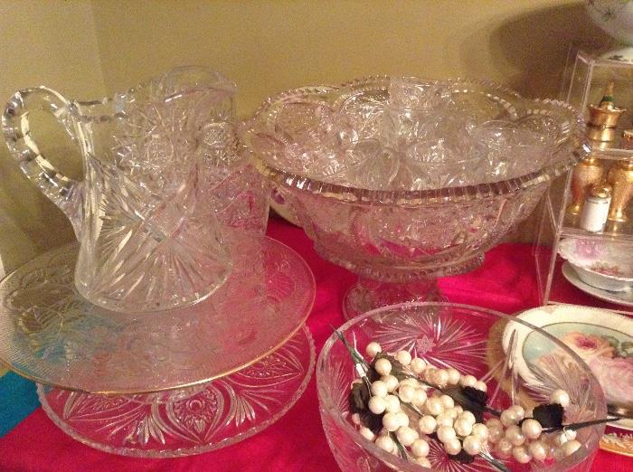 Cut glass, pressed glass, punch bowl & cups, cake plate