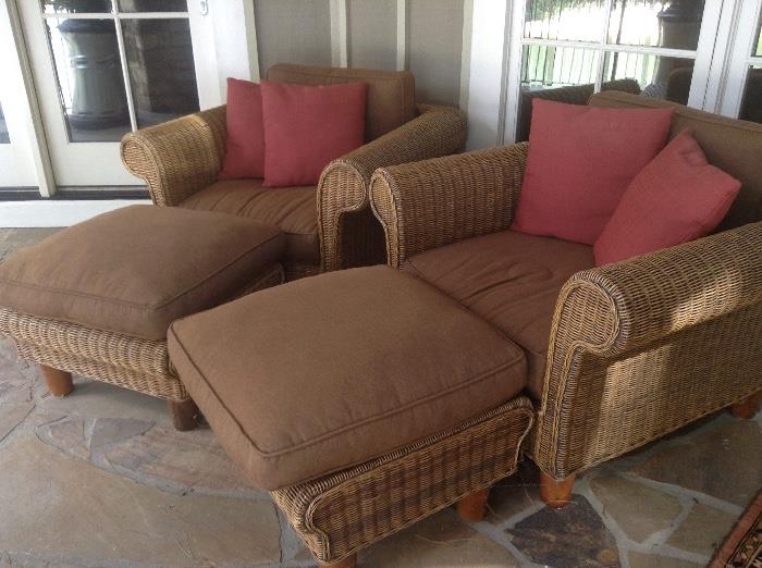 Woven rattan outdoor chairs & ottomans 
