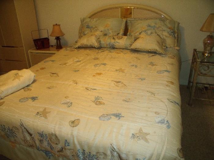 Queen bed with queen bedspread set (spread, shams, pillows and dust ruffle).  Queen mattress set 