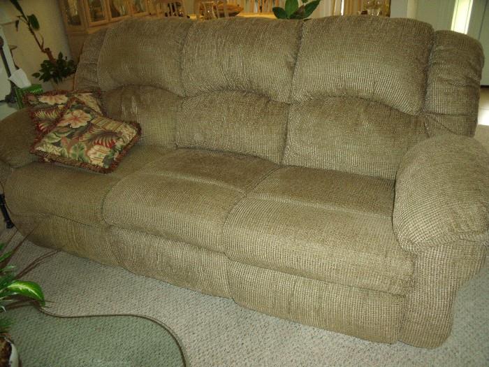 Tweed sofa with dual recliners and center console