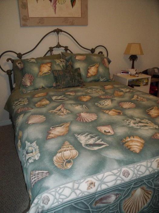 Queen bed with queen comforter set (comforter, shams, pillow, dust ruffle and curtains).  Simmons queen mattress set with pillow top